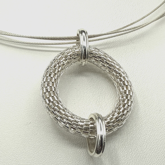 Multi Strand Cable Necklace 19 in Silver Tone Mesh Circle Pendant Dana Buchman - Picture 2 of 5